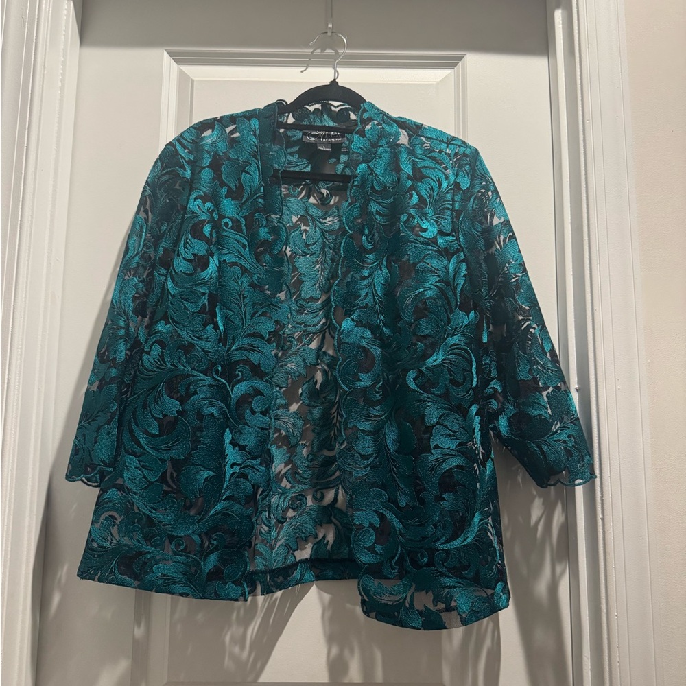 Alex Evenings Teal and Black Floral Lace Jacket Size L